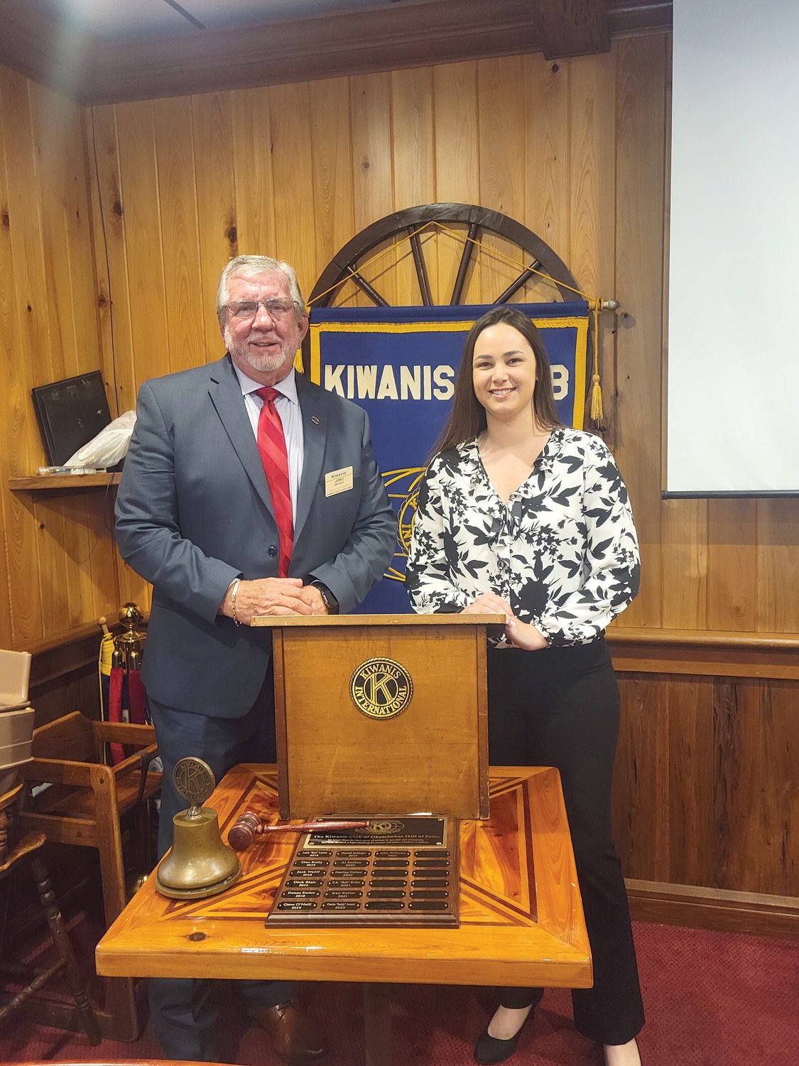 Kaylee Tuck (right) with Kiwanis presenter Jerry Bryant (left).